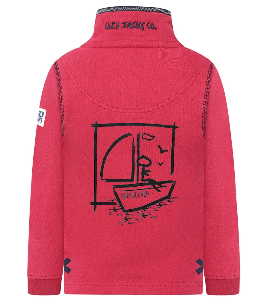 Kids Porthleven print sweatshirt by Lazy Jacks in vibrant red featuring a boat graphic on the back