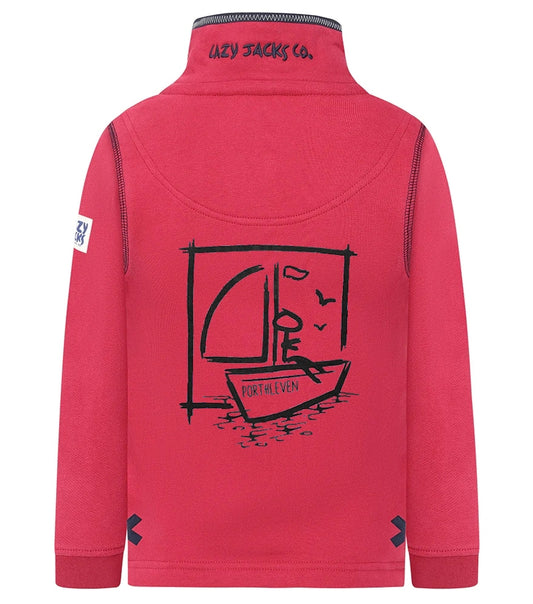 Kids Porthleven print sweatshirt by Lazy Jacks in vibrant red featuring a boat graphic on the back