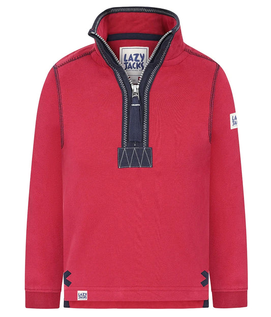 Red Lazy Jacks kids Porthleven print sweatshirt with a half zip and contrasting details