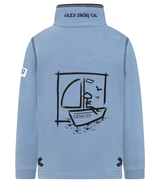Lazy Jacks kids Porthleven sweatshirt in blue with boat graphic on the back