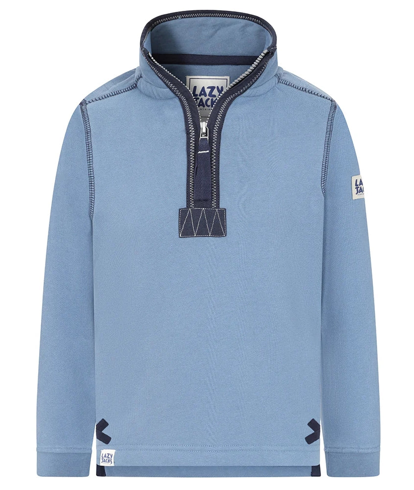 Lazy Jacks kids Porthleven sweatshirt in light blue with a half zip design and stylish details