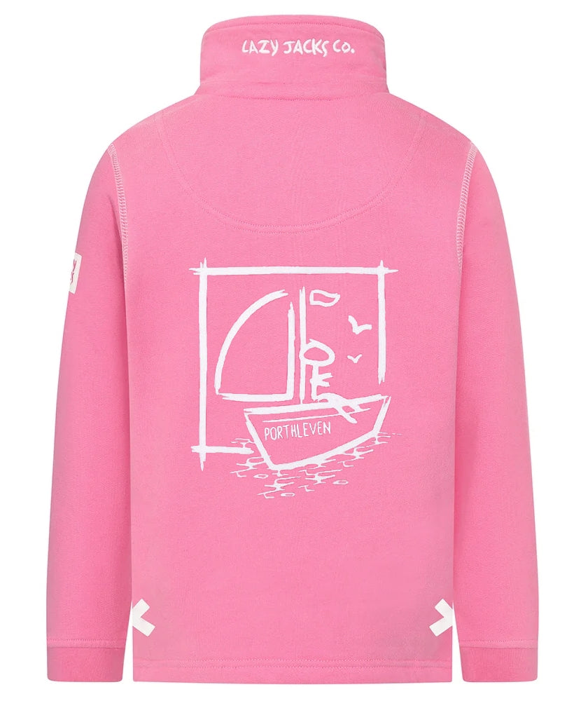Lazy Jacks kids Porthleven sweatshirt in pink with a boat design on the back