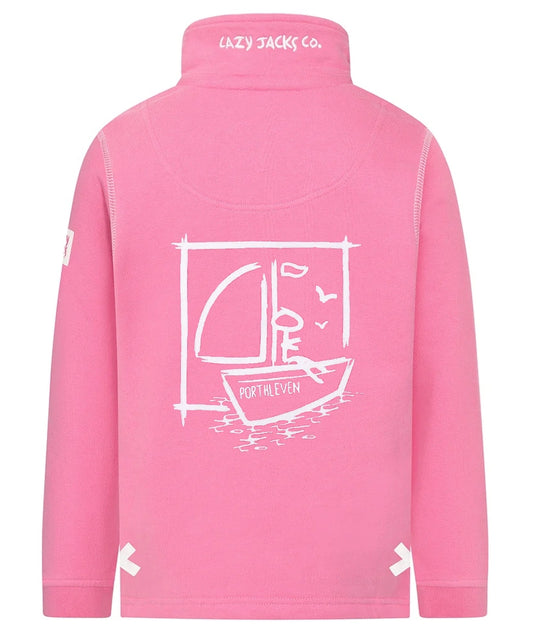 Lazy Jacks kids Porthleven sweatshirt in pink with a boat design on the back