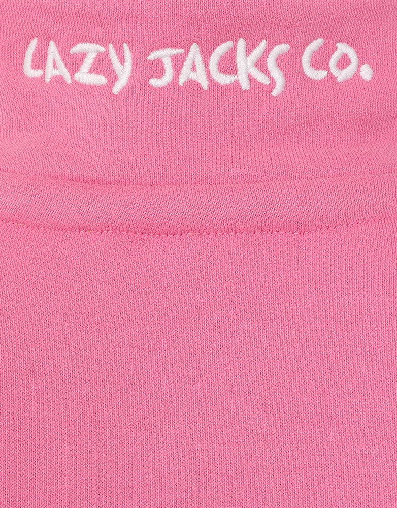 Close-up of Lazy Jacks kids Porthleven sweatshirt in pink showcasing the logo