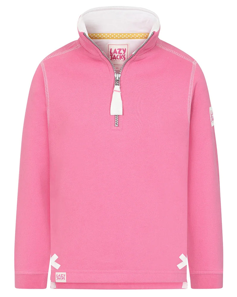 Lazy Jacks kids Porthleven sweatshirt in pink with a zip neck and stylish design for comfortable wear