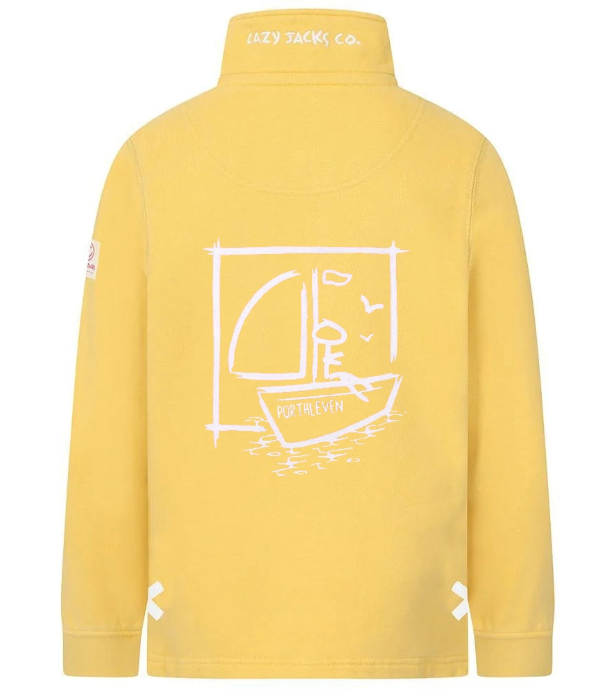 Lazy Jacks kids Porthleven sweatshirt in yellow with boat graphic on back for casual wear