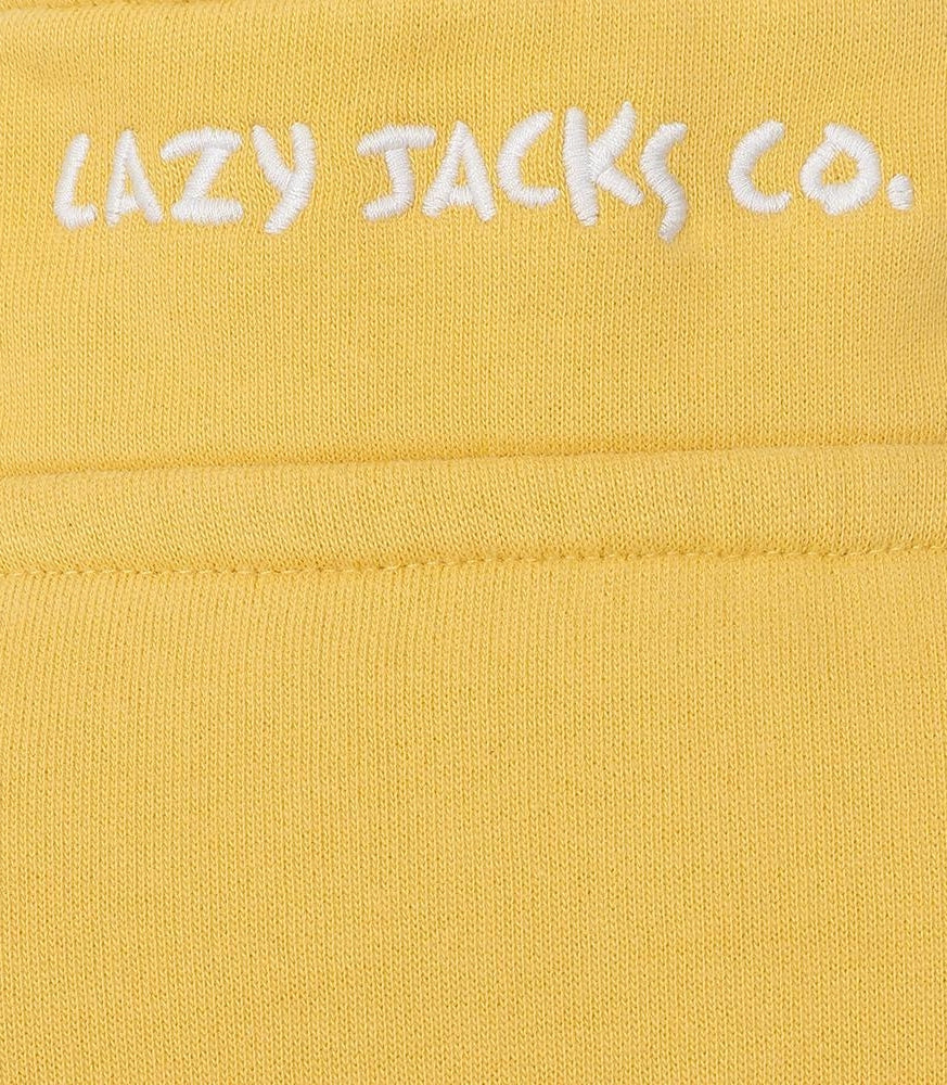 Close-up of Lazy Jacks kids Porthleven sweatshirt in yellow with embroidered logo