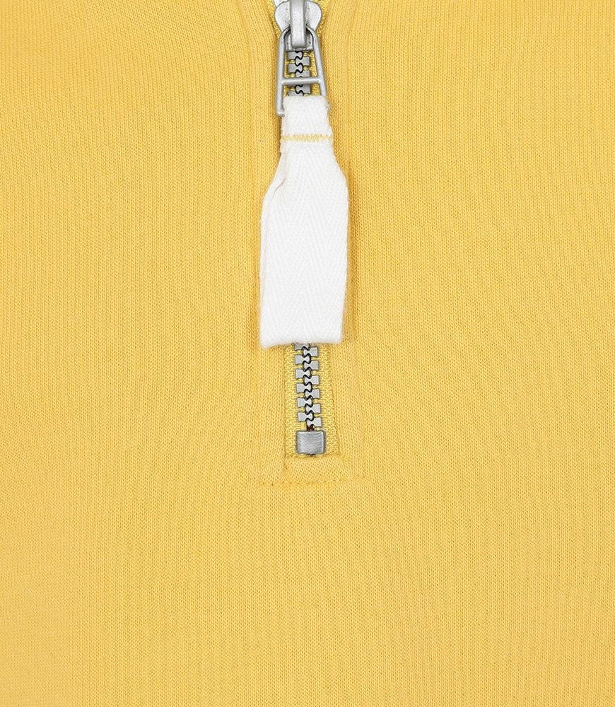 Close-up of Lazy Jacks kids Porthleven sweatshirt featuring a yellow fabric and half-zip design
