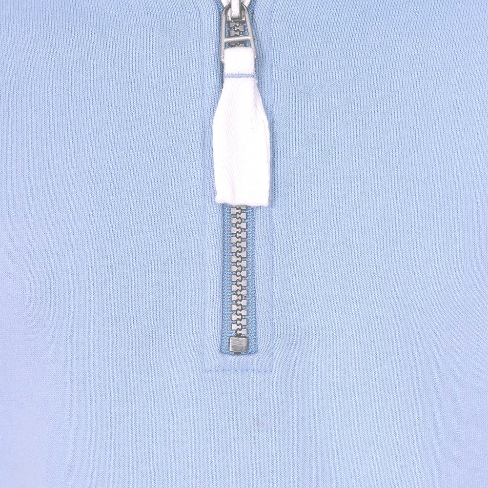 Close-up of Lazy Jacks kids sweatshirt with quarter zip and white zipper pull on soft blue fabric