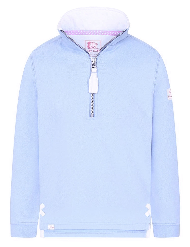 Light blue Lazy Jacks kids sweatshirt with quarter zip and stylish collar detail