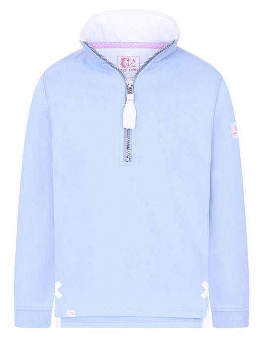 Light blue Lazy Jacks kids sweatshirt with quarter zip and stylish collar detail