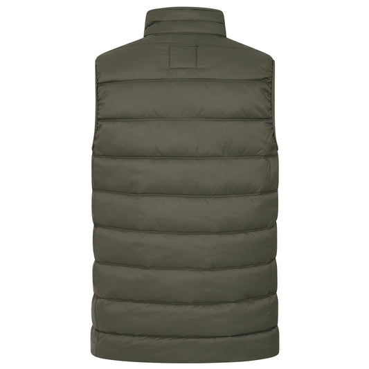 Back view of a mens Lazy Jacks GL3 lightweight padded gilet in Khaki green with zip through front and two front pockets