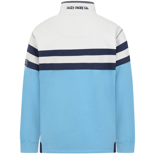 Back view of a mens Lazy Jacks LJ51 1/4 zip sweatshirt in a colour block blue and light grey design with navy stripes across the chest and sleeves.