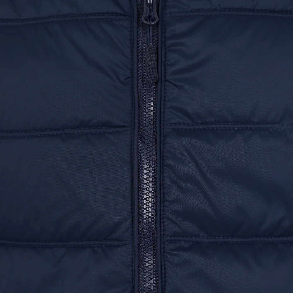 Close-up view of a mens Lazy Jacks GL3 lightweight padded gilet in Marine Navy with zip through front.