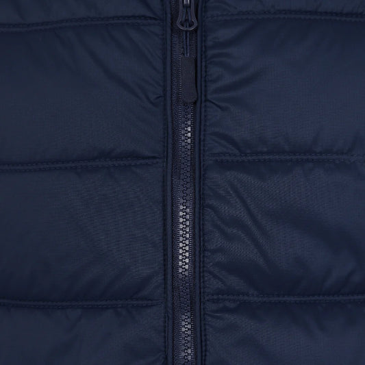 Close-up view of a mens Lazy Jacks GL3 lightweight padded gilet in Marine Navy with zip through front.