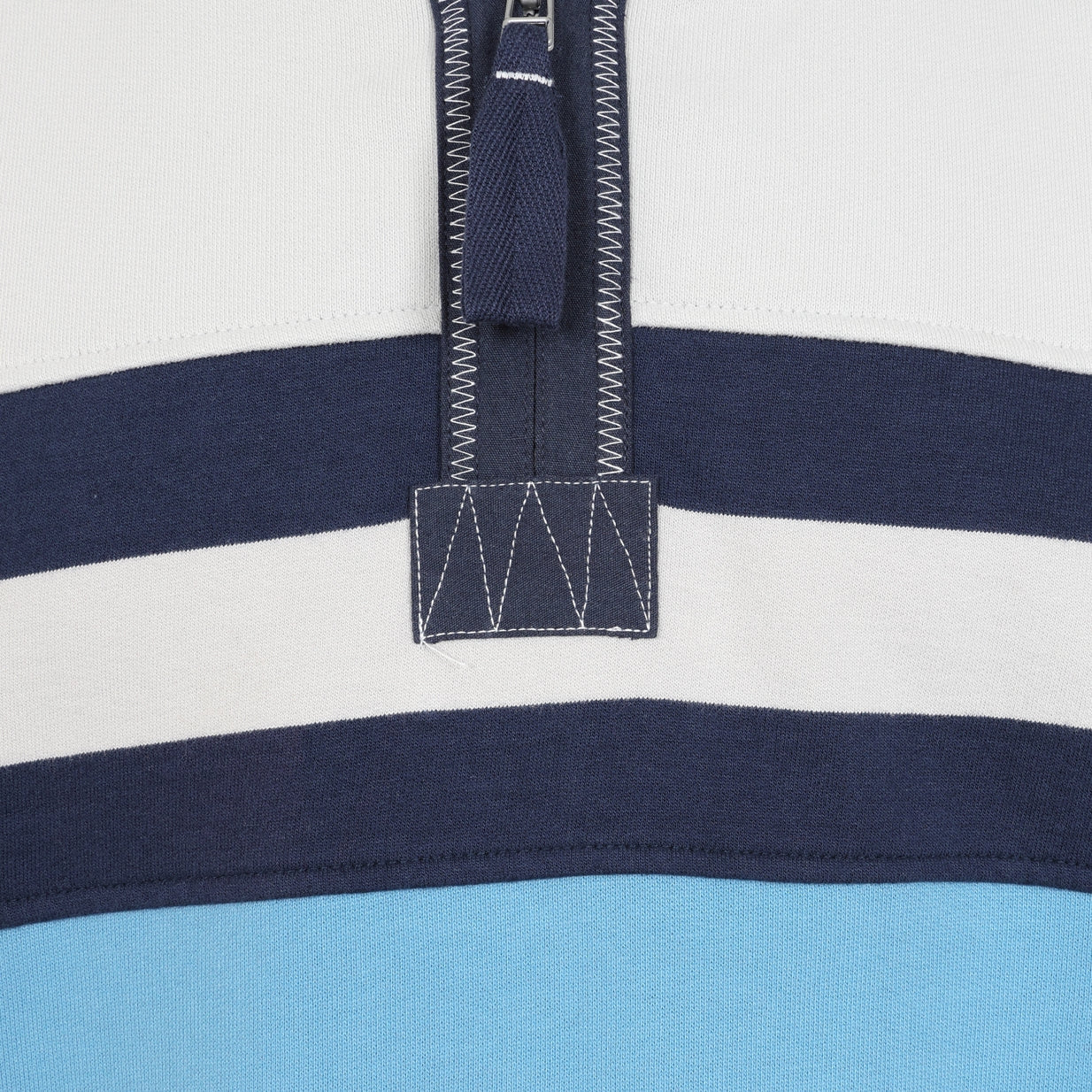 Close-up view of the zip neckline of a mens Lazy Jacks LJ51 1/4 zip sweatshirt in Ocean Blue and light grey with navy stripes across the chest.