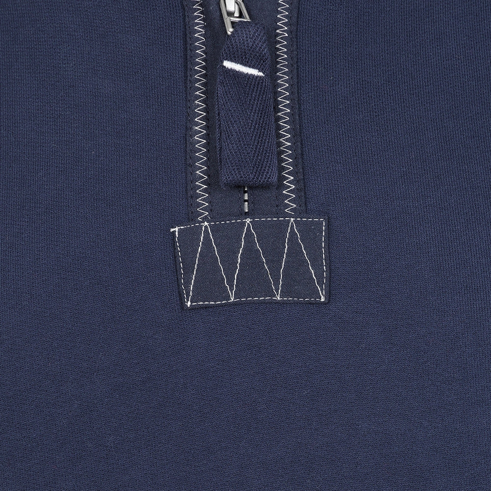 Close-up view of the 1/4 zip of a men's Lazy Jacks LJ40 sweatshirt in Marine Navy