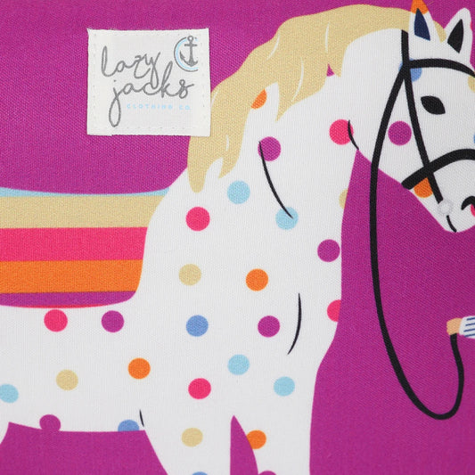 Lazy Jacks pony print wash bag with white pony and multicolor polka dots on purple background