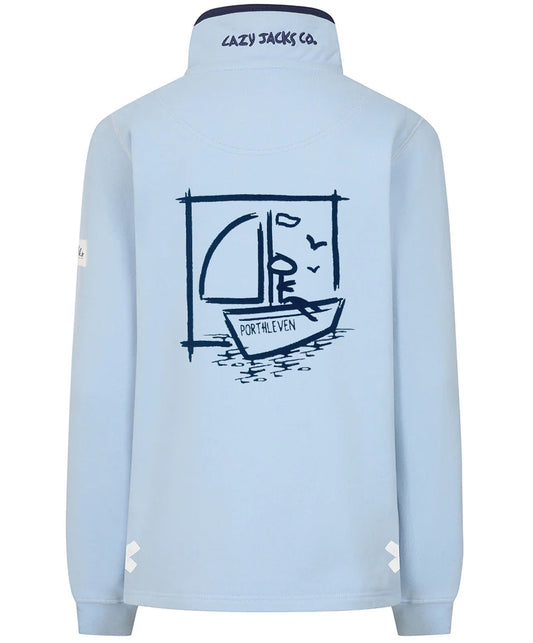 Lazy Jacks Porthleven sweatshirt in light blue with nautical boat graphic on the back