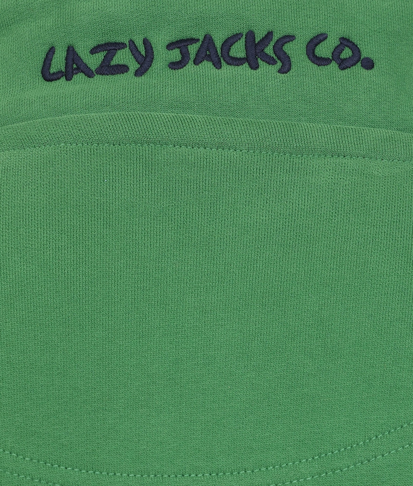 Close-up of Lazy Jacks Porthleven Sweatshirt in green with embroidered logo detail