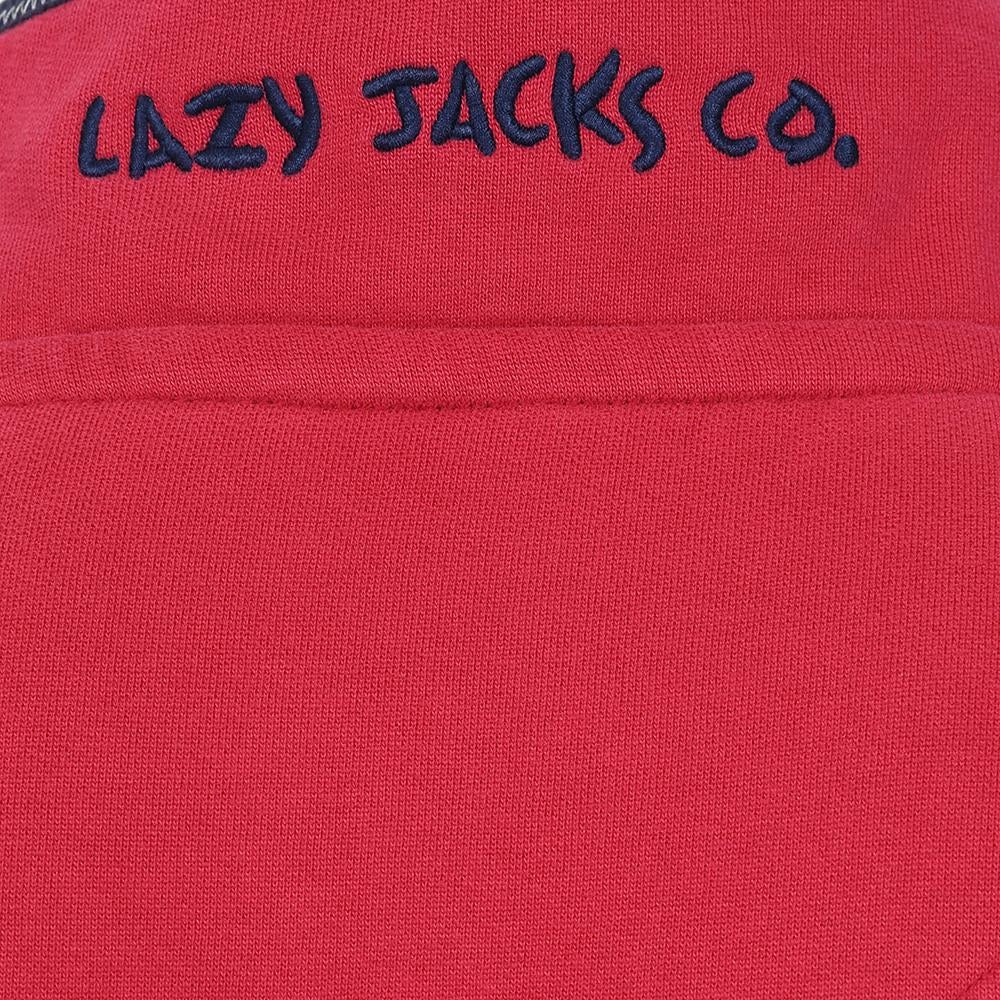 Close-up view of a men's Lazy Jacks LJ40 sweatshirt collar featuring embroidered logo in rouge red