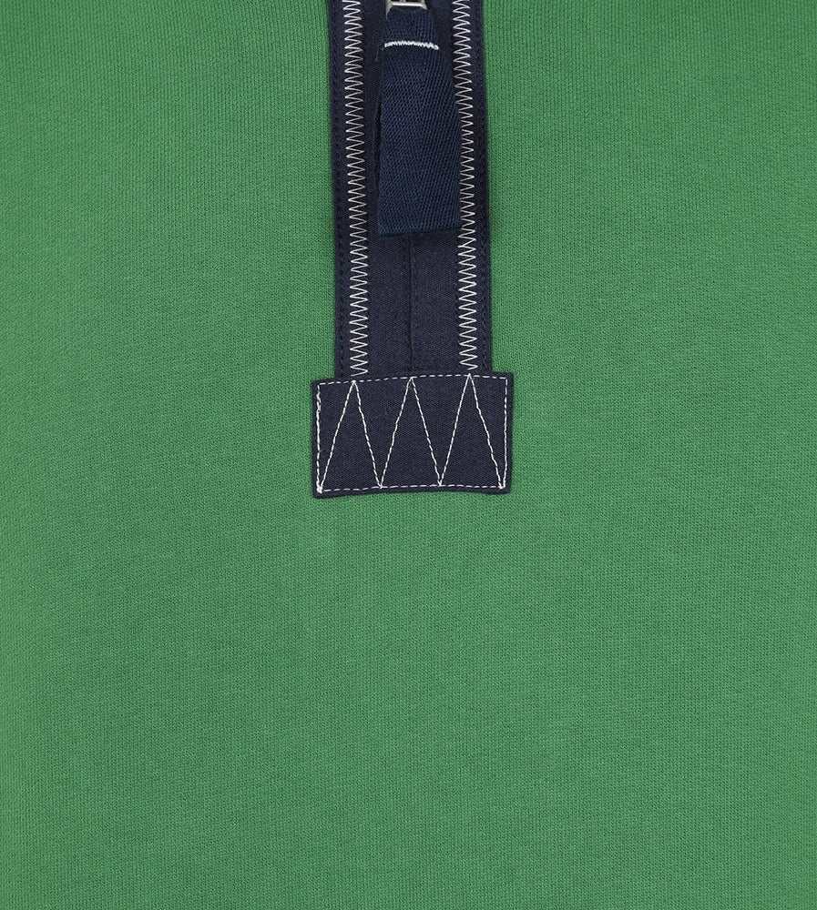 Close-up of Lazy Jacks Porthleven Sweatshirt featuring a stylish navy collar and stitching details