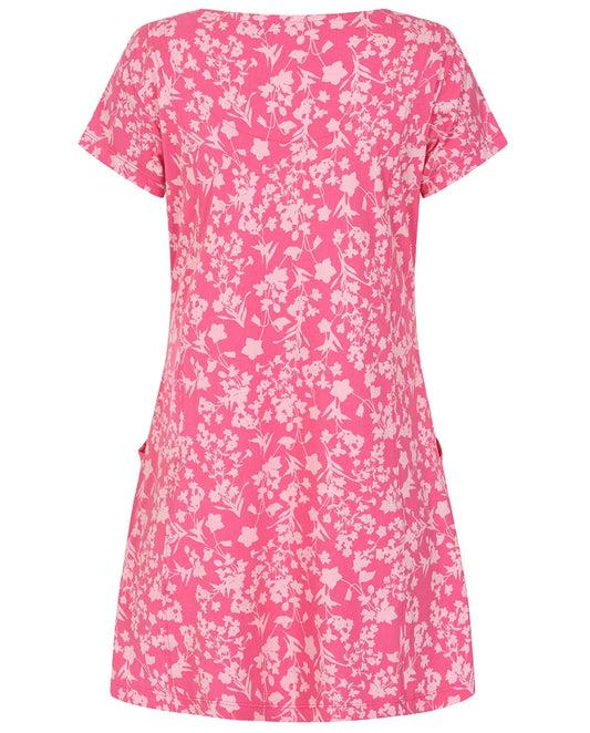 Lazy Jacks printed tunic in pink floral design with short sleeves and side pockets