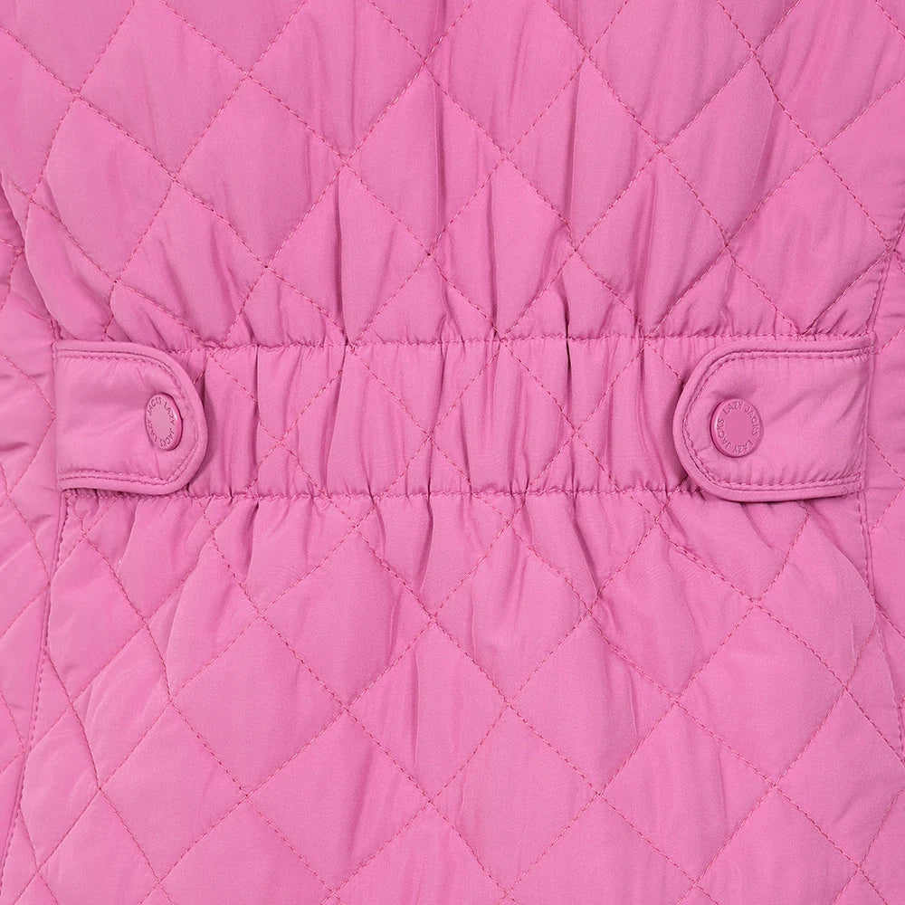 Popper adjustable back tabs on a women's Raspberry Pink Lazy Jacks quilted gilet.