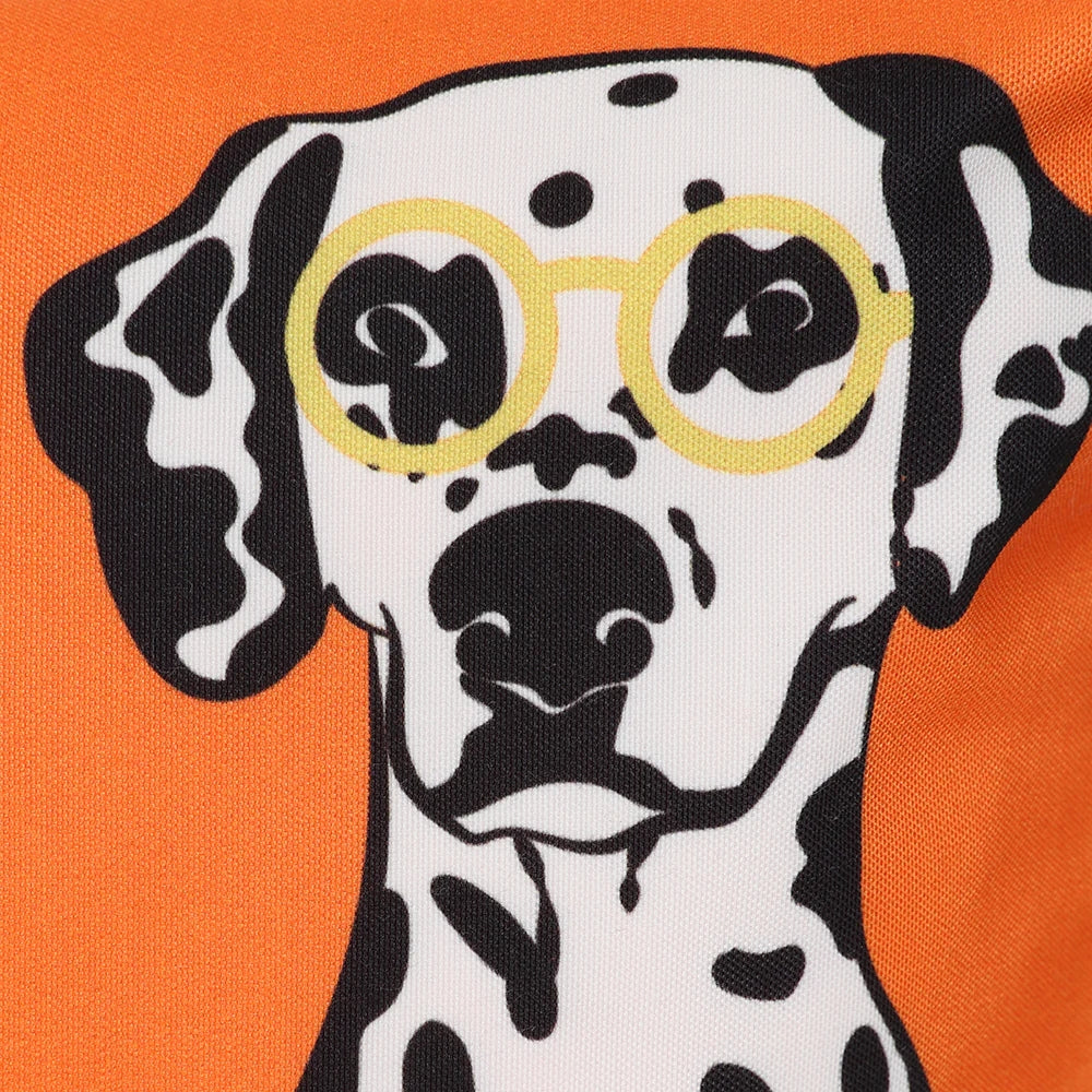 Lazy Jacks wash bag orange dalmatian close-up of dalmatian dog face with yellow glasses on orange background