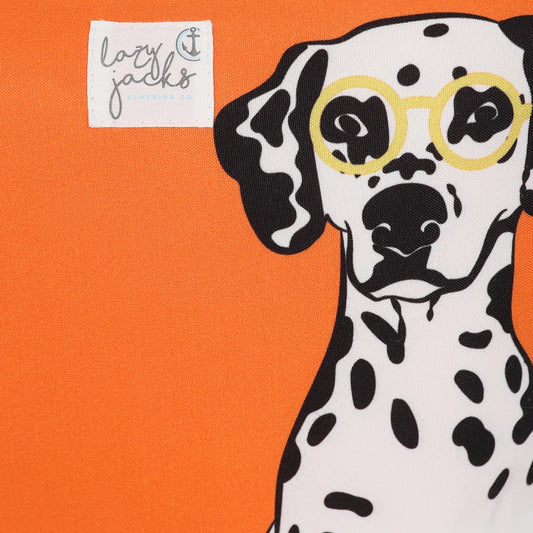 Lazy Jacks wash bag orange dalmatian design with black spots and yellow glasses on bright orange background