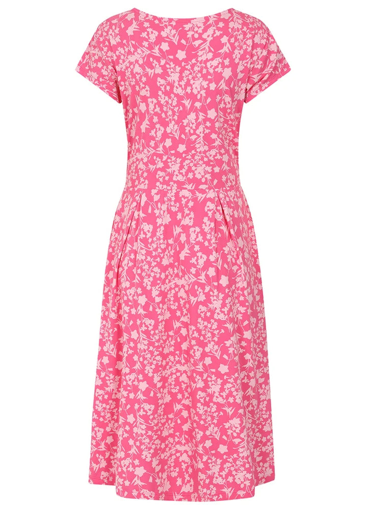 Lazy Jacks womens floral dress pink with short sleeves and a fitted waist perfect for casual wear
