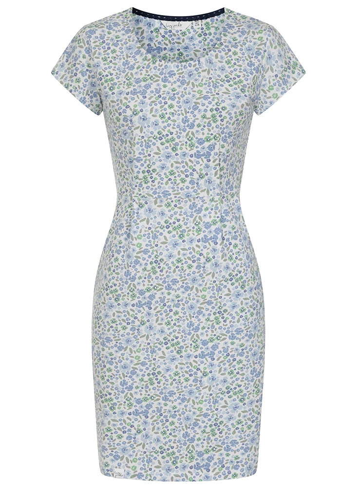 Lazy Jacks womens floral print dress with short sleeves and fitted silhouette in light blue and green