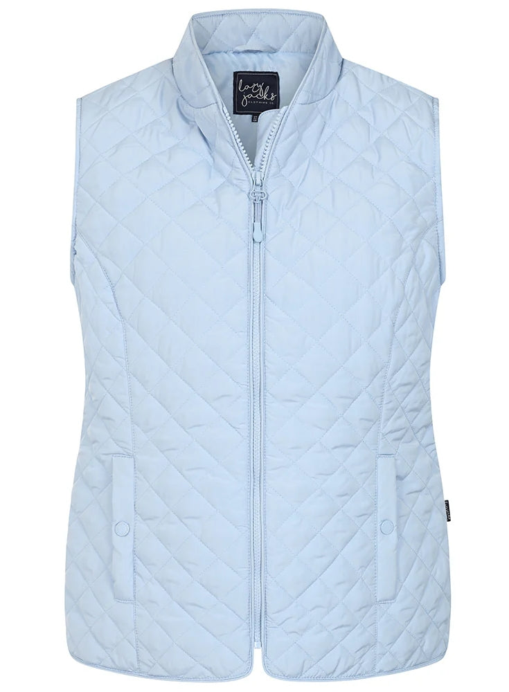Light blue Lazy Jacks womens gilet with quilted design and zip front closure