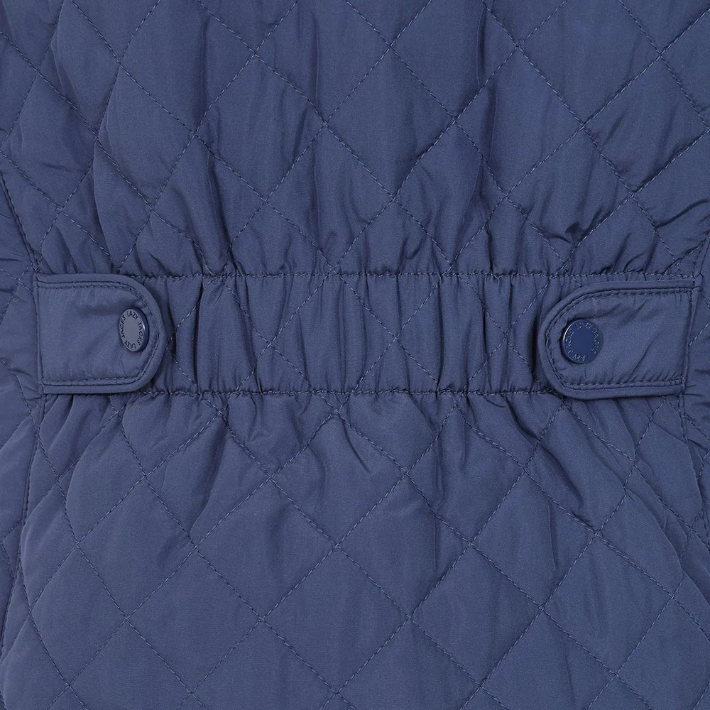 Lazy Jacks womens gilet in navy blue with a quilted design and adjustable waist buttons