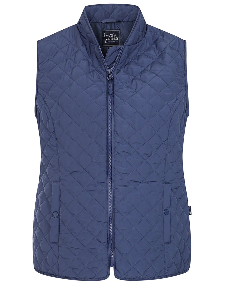 Lazy Jacks womens gilet in navy blue with a quilted pattern and zip closure