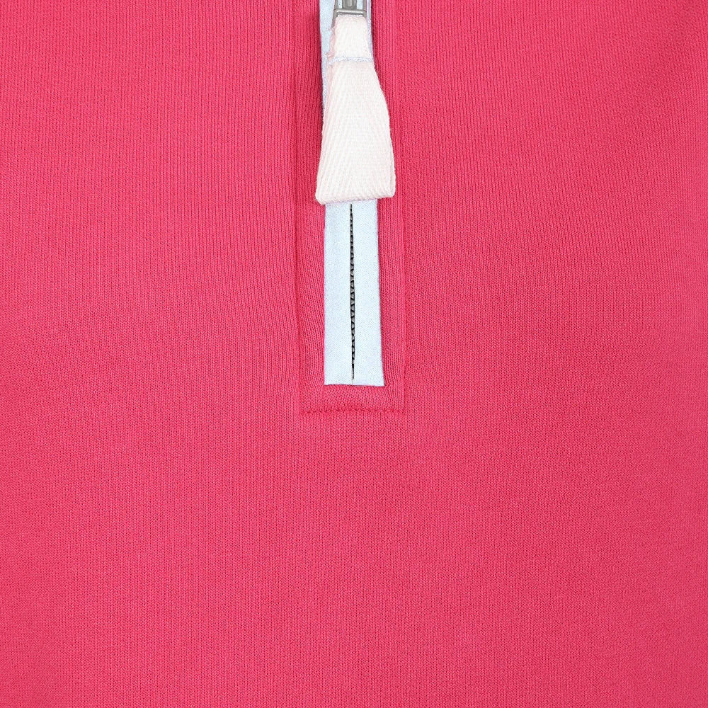 Close up view of the neck zip on a womens Lazy Jacks LJ3 sweatshirt in cherry red/pink with white trim.