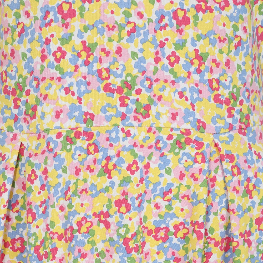 Close-up view of floral pattern on Lazy Jacks womens multicolour floral dress with pink red yellow and blue flowers