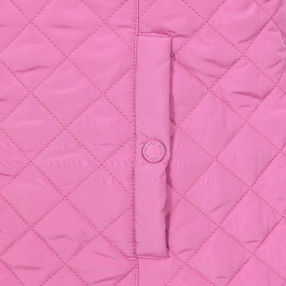 Women's Lazy Jacks quilted gilet in pink with popper pockets.