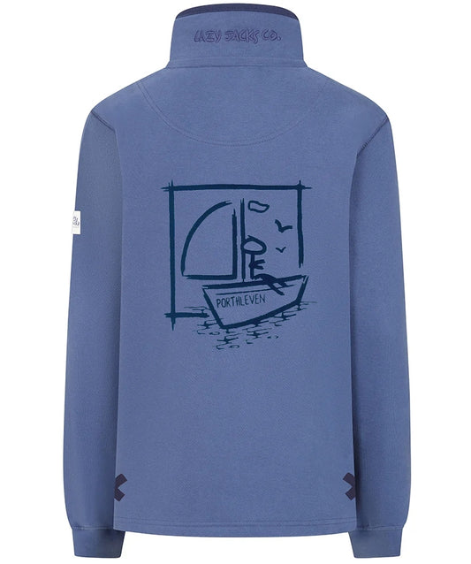 Lazy Jacks womens Porthleven print sweatshirt in blue with boat and seagull graphic on the back