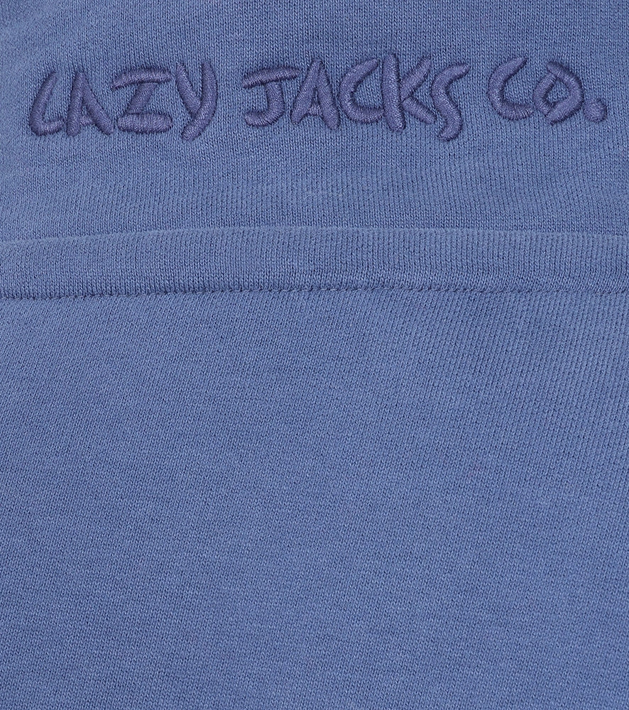 Close-up of blue Lazy Jacks womens Porthleven print sweatshirt with embroidered brand logo