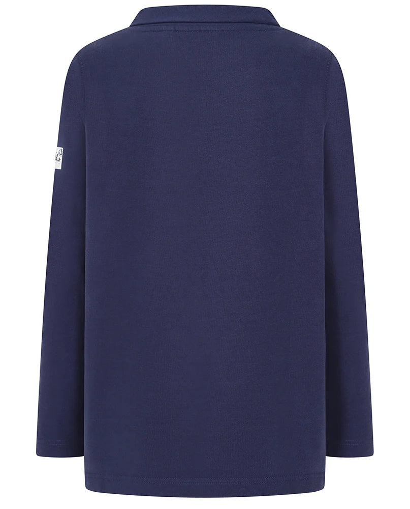 Navy Lazy Jacks womens roll neck sweatshirt shown from the back with long sleeves and relaxed fit