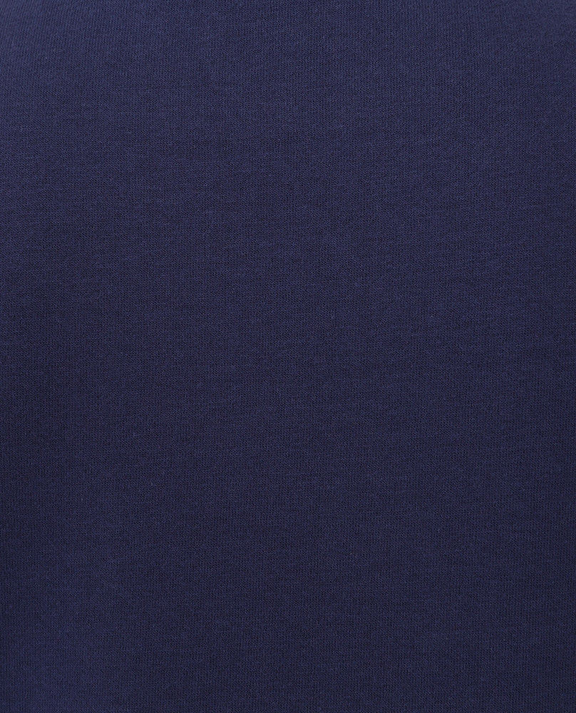 Close-up of navy fabric texture on Lazy Jacks womens roll neck sweatshirt