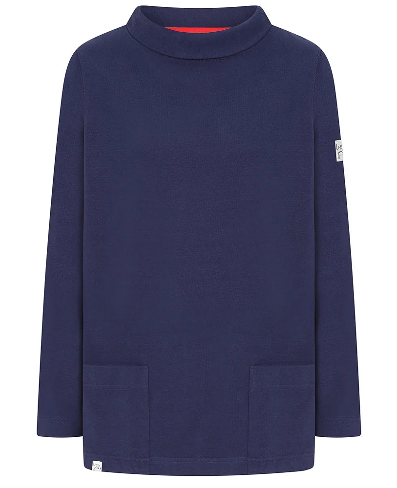 Lazy Jacks womens roll neck sweatshirt in navy blue with long sleeves and front pockets
