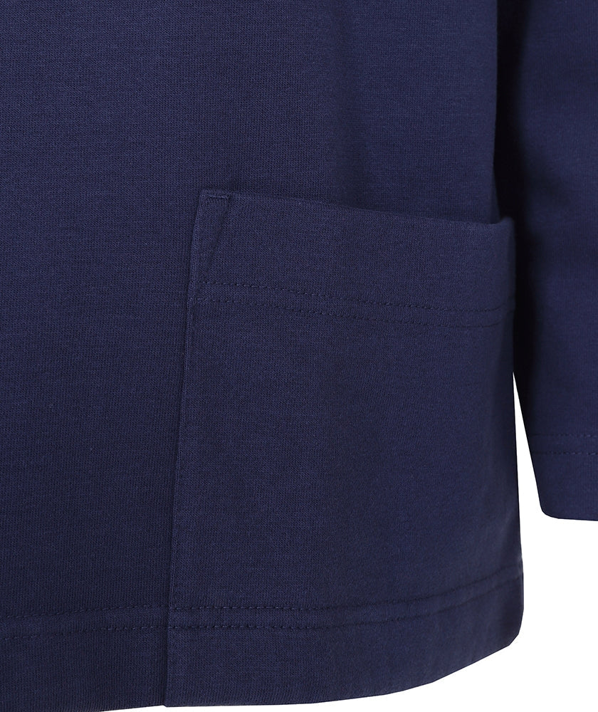 Close-up of navy blue pocket detail on Lazy Jacks womens roll neck sweatshirt fabric