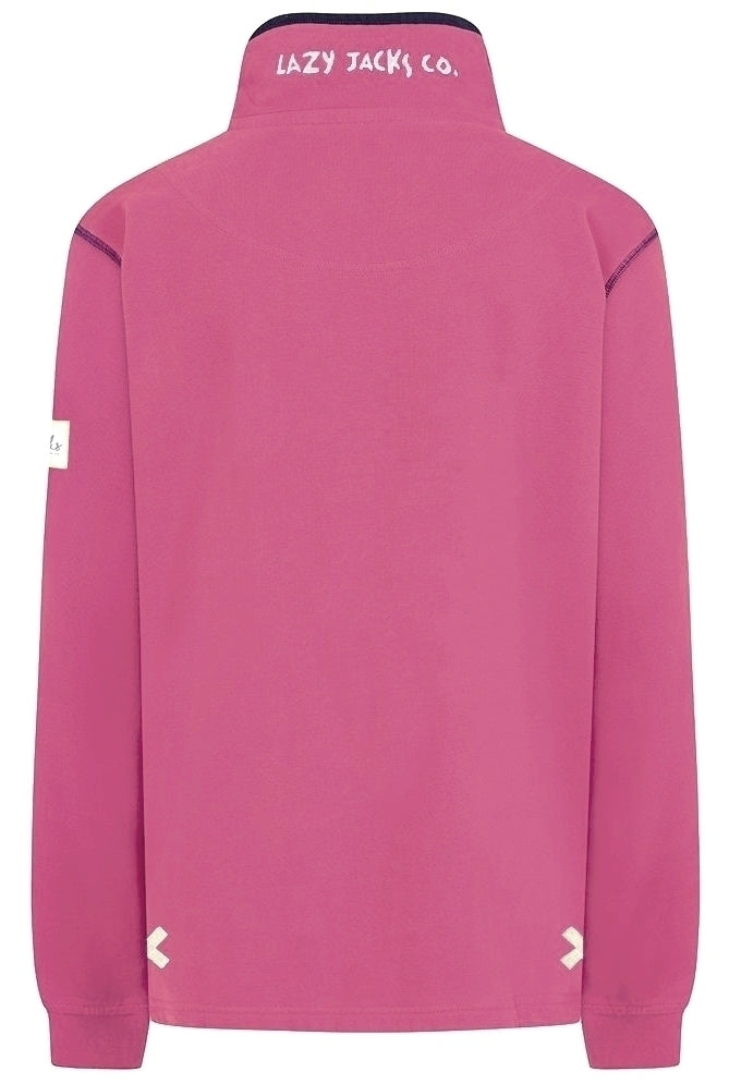 Back view of Lazy Jacks womens sweatshirt in vibrant pink with logo and relaxed fit