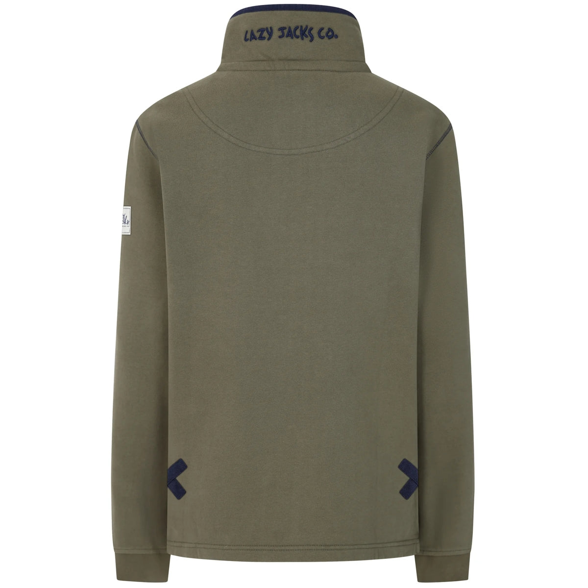 Back view of Lazy Jacks womens sweatshirt khaki with high collar and navy logo embroidery