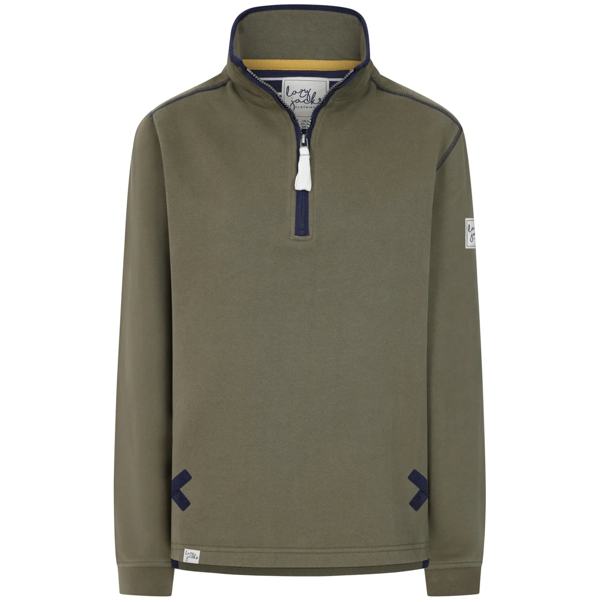 Lazy Jacks womens sweatshirt khaki with quarter zip and navy trim details
