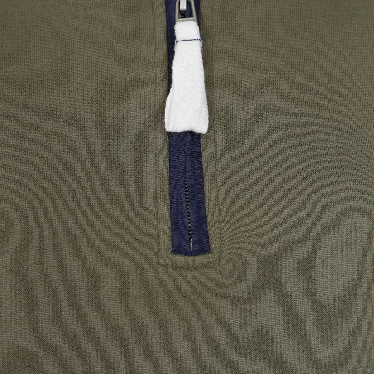 Close-up of zipper on Lazy Jacks womens sweatshirt khaki showing fabric texture and pull detail