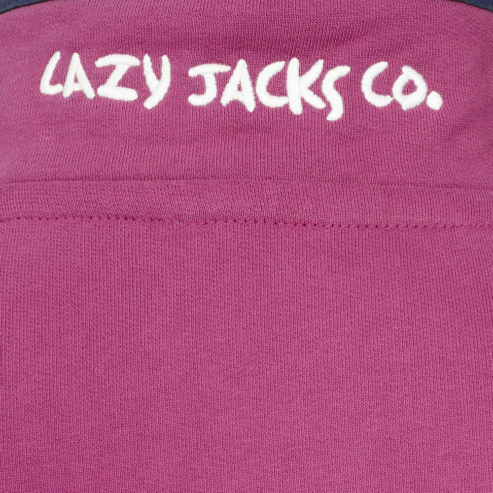 Close-up of Lazy Jacks womens sweatshirt featuring logo detail on the back for a stylish look