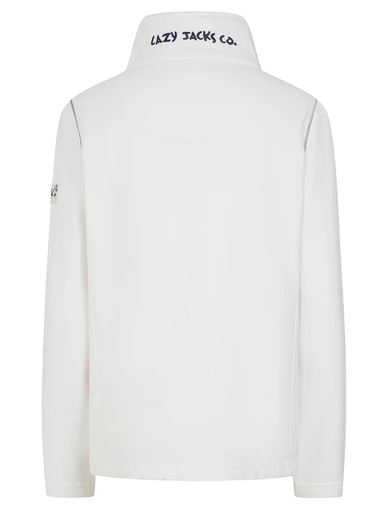 Lazy Jacks womens sweatshirt white with high collar and logo embroidered on the back collar